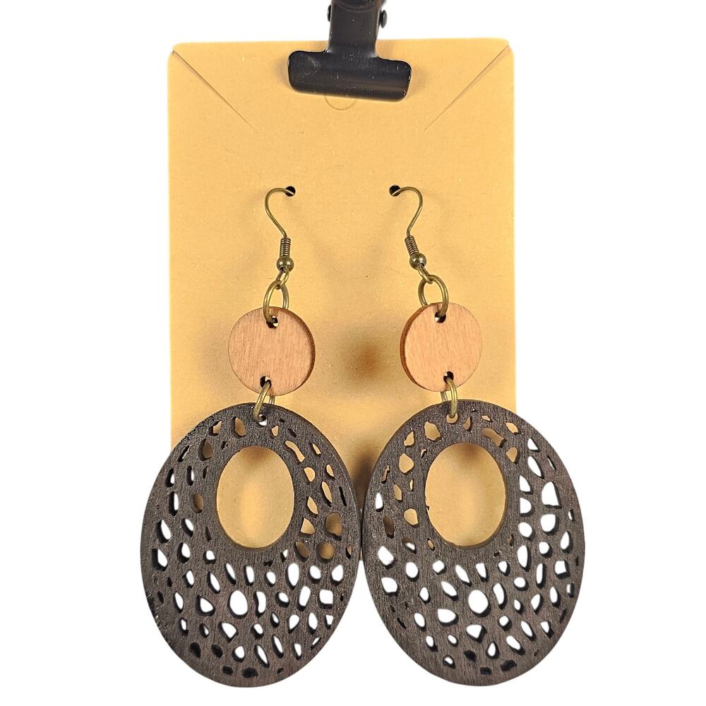 Boho Wooden Oval Cutout Dangle Earrings Dark Brown Lightweight Drop Earrings